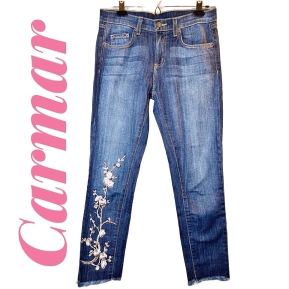 CARMAR Floral Embroidered Raw Hem Ankle High Rise Jeans, Size 26 - Picture 2 of 13